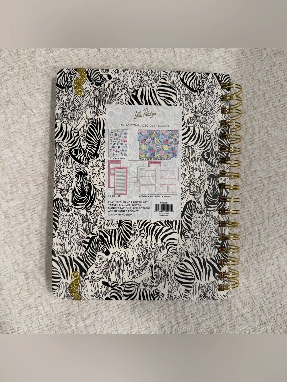 Lilly Pulitzer Black & White Zebra Large Planner Agenda w Gold Accents 2027 NEW